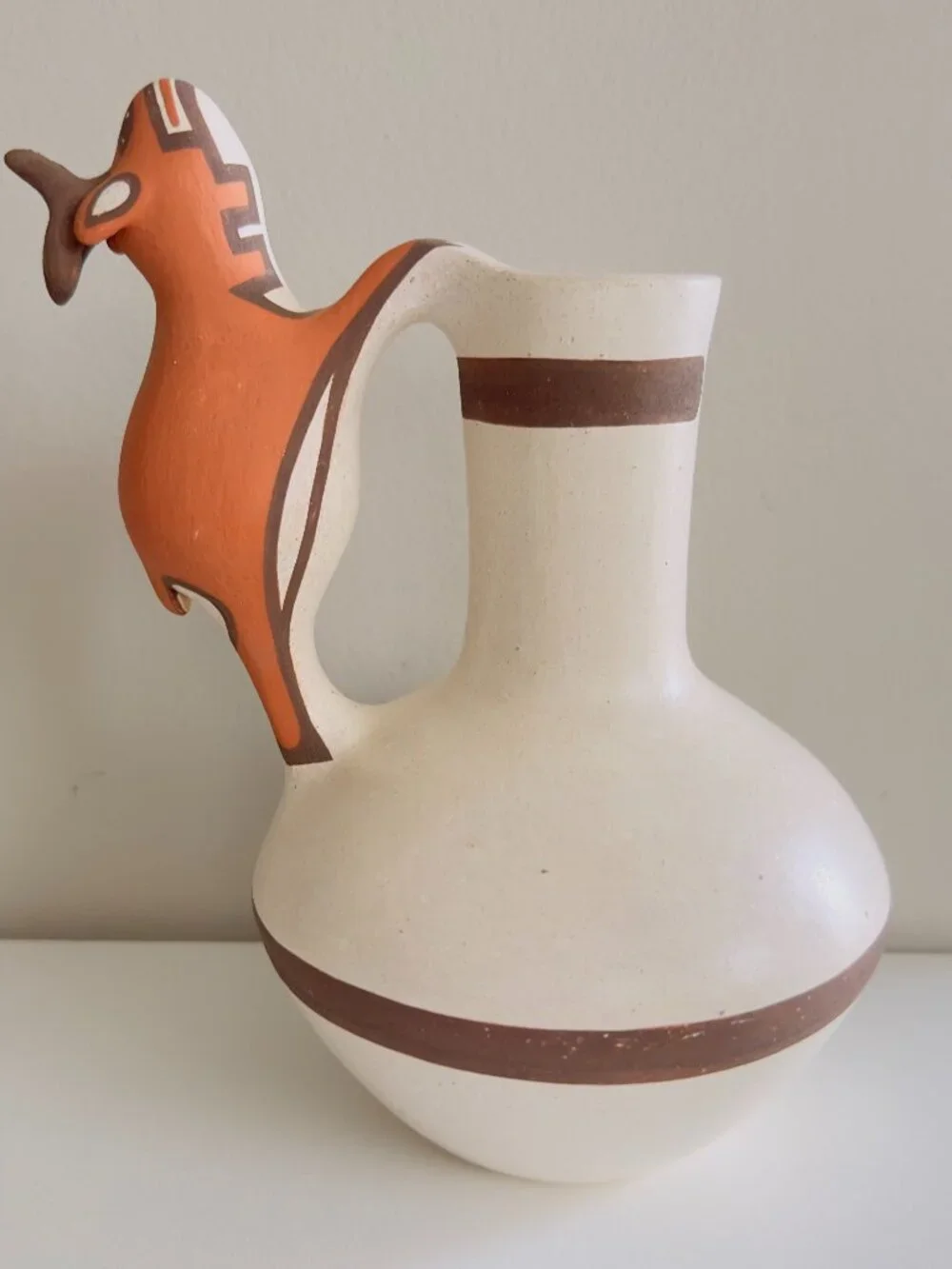 Rowena Him Signed Zuni Pottery Pitcher 1992 Roadrunner Handle